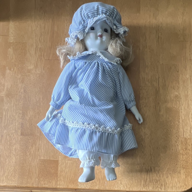 16in Porcelain Girl Doll Blonde Curly Hair Brown Eyes Blue Striped Dress