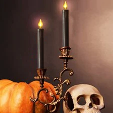 Black Halloween Flameless Taper Candles With Timer 6 Tall Long Flicking Fake Ba