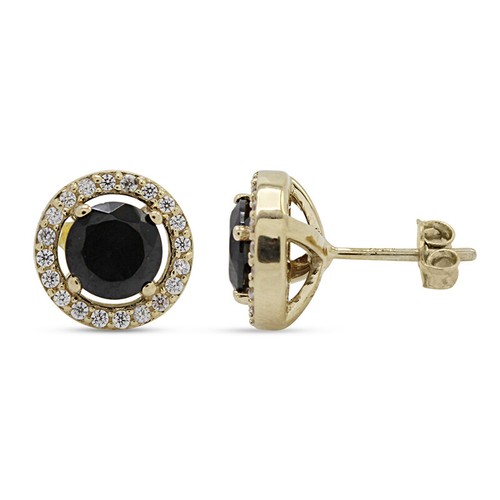 Halo Stud Earrings Lab Created Black Spinel & Natural Diamond in 14K Yellow Gold - Picture 2 of 4