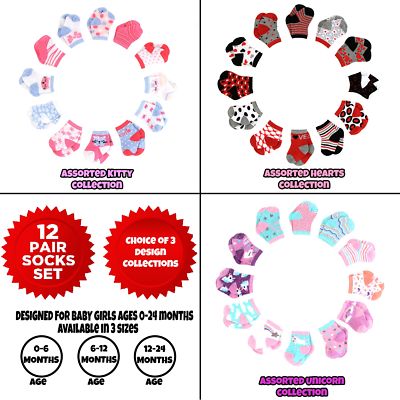Rising Star Baby Girls Assorted Color Designs 12 Pair Socks Set, Age 0-24 Months