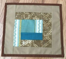 Quilted Table Topper, tan, green, yellow, 15 x 13.5 new liner on the back