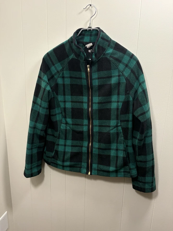 Chaqueta Top Merona Mujer Mediana Polar Cremallera Completa Verde A Cuadros Invierno Navidad Foto 3 de 4