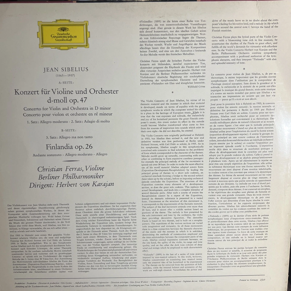 Jean Sibelius Violinkonzert •Finlandia PROMO IMPORT Karajan Berlin Vinyl Record - Image 2 of 4