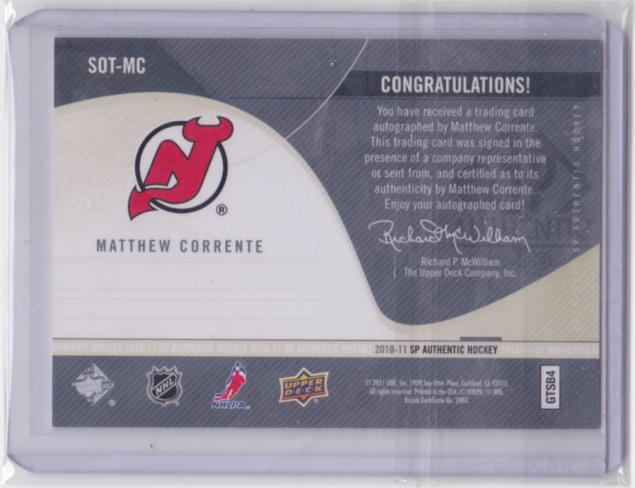 2010-11 UD SP AUTHENTIC SIGN OF THE TIMES INSERT MATTHEW CORRENTE #SOT-MC DEVILS - Image 2 of 2