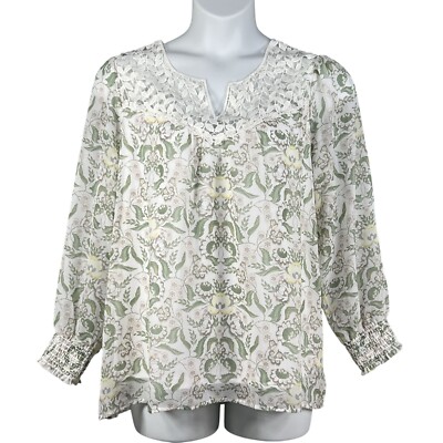 Rose Beverly NWT Womens XL Chiffon Lace Yoke Floral Lined Blouse Smocked Cuffs