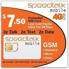SpeedTalk Mobile SIM Card Kit 2₵ Talk Text Data 5G 4G LTE 30-Day $7.5 Phone Plan