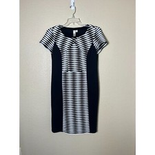 Emma & Michele Women Black White Body Con Sheath Dress Size 12 Work Midi Chic