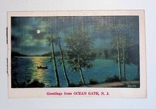 Cartolina Saluti Ocean Gate NJ Canoa Moonlight Lake anni '30 NYCE