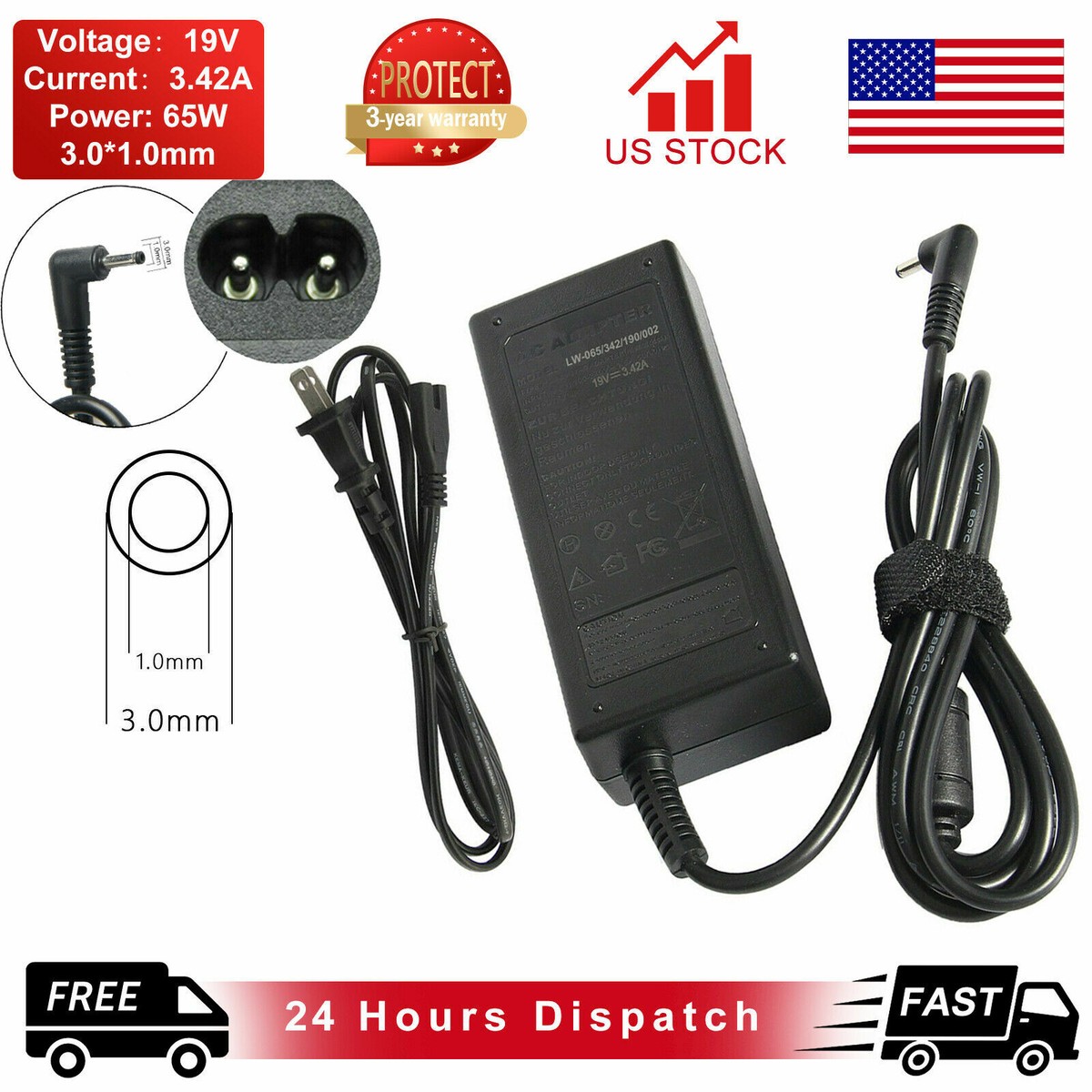 65W 45W Laptop Charger AC Adapter For Acer Chromebook C720 C740 Aspire Swift TravelMate & More – 19V