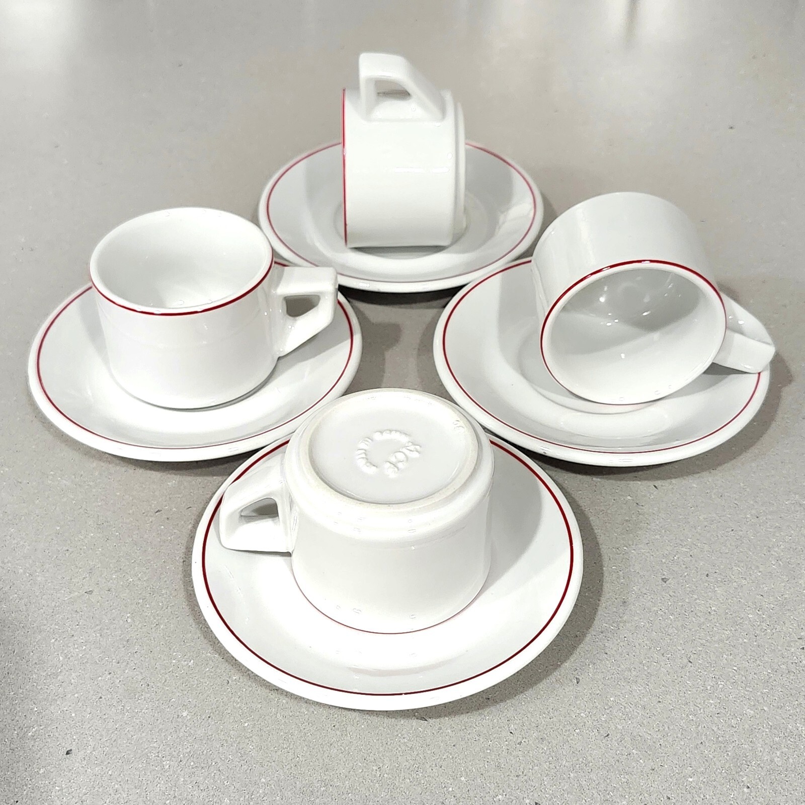 4 ACF Made in Italy Espresso Cappuccino Cups & Saucers White w/Red Stripe
