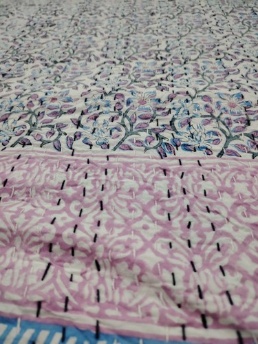 Indian Block print Bedspread Kantha Quilt Blanket Cotton King Size floral throw - Picture 7 of 10