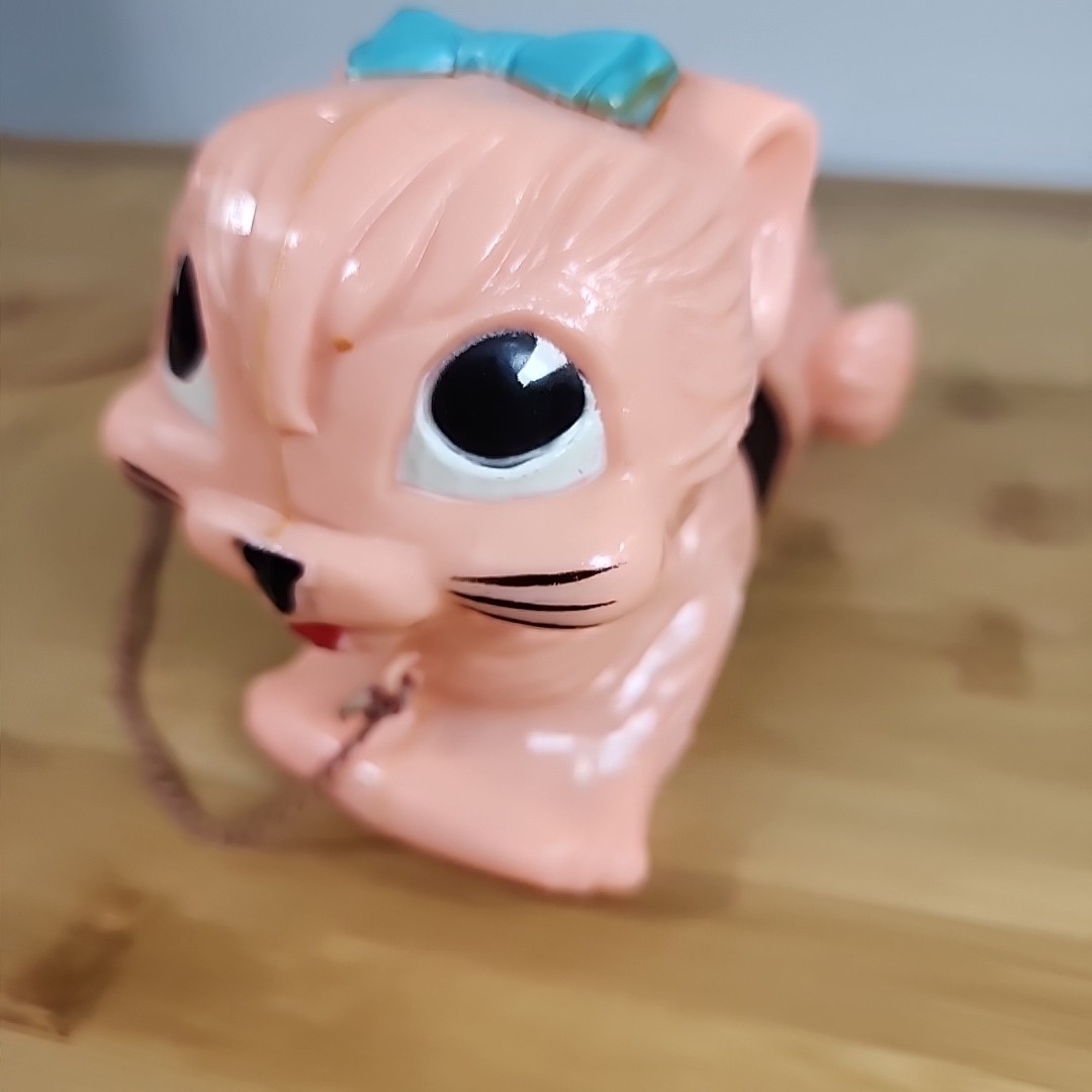 Vtg Slinky Kitty Cat Pink w/ Blue Bow Original Pull String Vintage Plastic Toy