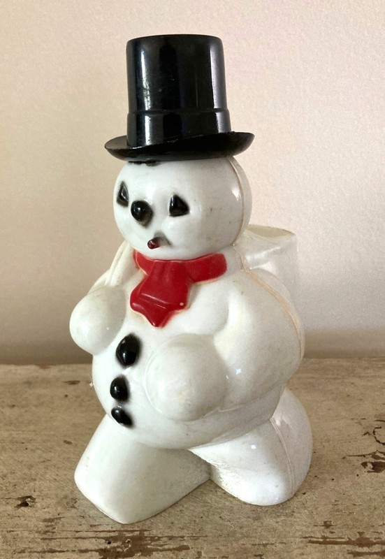 Vintage Christmas ROSBRO Plastic SNOWMAN with PIPE CANDY CONTAINER