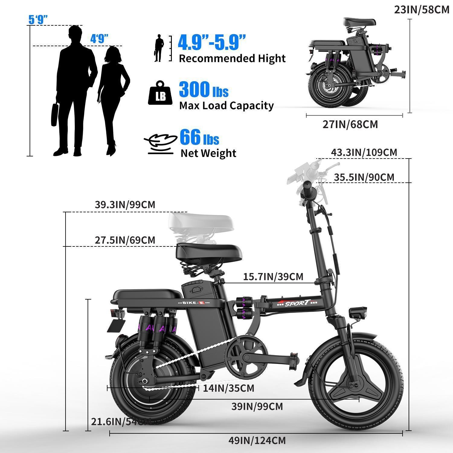 Electric Bike for Adults 1200W 48V 15AH 25MPH 45Miles 14" Folding Ebike Portable