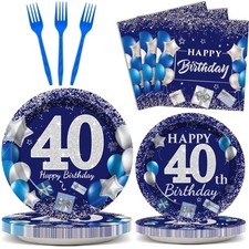 96 PCS Navy Blue Silver 40th Birthday Decorations Plates Napkins Serves 24