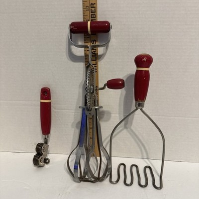 Vintage Set Of 3 Ekco A&J Line Beater Mixer - Knife Sharpener-Potato Masher