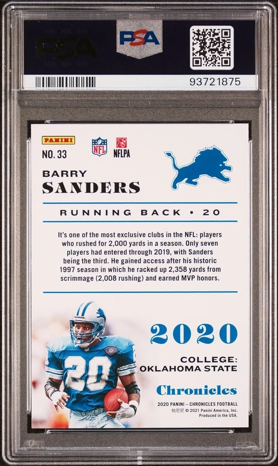 Barry Sanders 2020 Panini Chronicles Green Football Card #33 Graded PSA 10 - Image 2 of 2