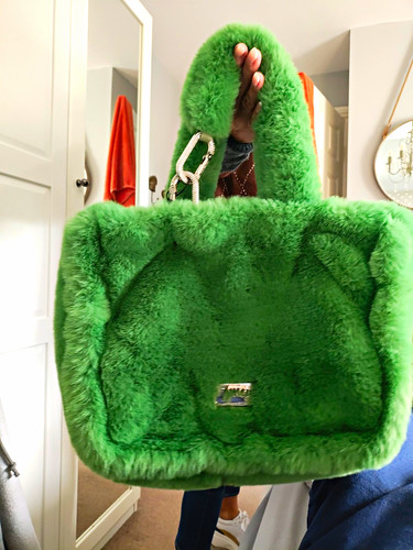 Juicy Couture Berry Shopping Bag Green Faux Fur Tote, Strap, Zip, Logo