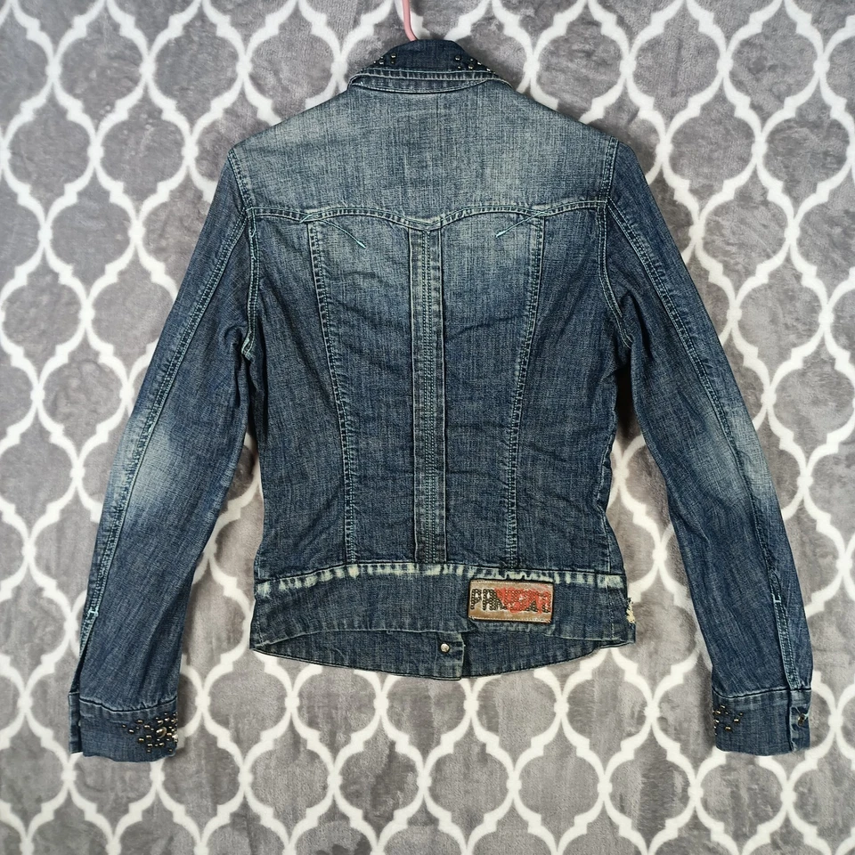 Chaqueta de mezclilla Parasuco para mujer pequeña azul con tachuelas estrás glamour occidental Y2K Foto 4 de 4