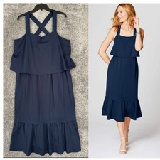 J Jill Sleeveless Tiered Ruffle Midi Boho Criss Cross Dress Size XL Blue Minimal