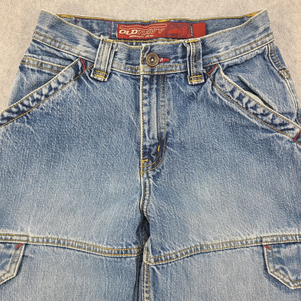 Vtg Old Navy 94 Cargo Denim Jean Youth 8 23x22 Blue Wide Leg Baggy Grunge Skater - Image 2 of 4