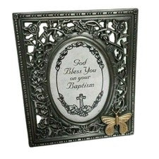 God Bless You Baptism Pewter Photo Frame Butterfly 3.5" Unisex Keepsake Vintage