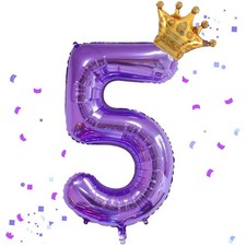 40 Inch Purple Number 5 Mini Crown Balloon for Birthday Party, 5th Birthday...