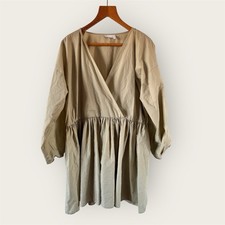 ASOS Smock Wrap Dress 12 Pale Khaki Olive Green Puff Mini Voluminous Poplin VGC