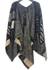 BCBG MAX AZRIA Womens Leather Fringe Trim Poncho Black Taupe (MSRP $248)