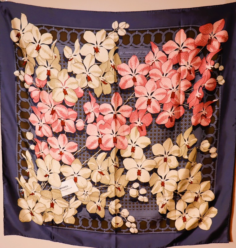 Hermes Souvenirs d'Asie Silk Scarf Orchid Floral Blue Pink Carre 90