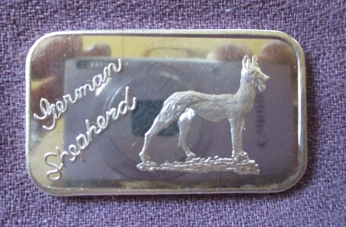 German Shepherd Rare  #ed  1 Troy Oz. .999 Fine Silver Bar Justice Mint 1973