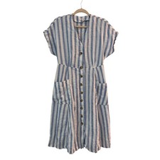 Mango MNG Casual Blue White Striped Linen Blend Button Front Midi Dress S