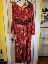 Algy Adult Dance Costume Red Gold Sequin Open Neck Sheer Belly Dress Adult XL