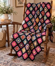 Vintage Crochet Granny Square Afghan Shawl Lap Blanket Black Multicolor 42x70