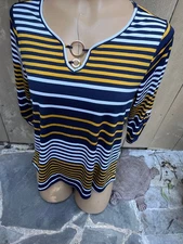 Naif Petite Womens PL Striped 3/4 Roll Tab Sleeve Pullover Top