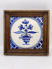 Framed Antique Dutch Delft Blue Tile Three Tulips in Accolade