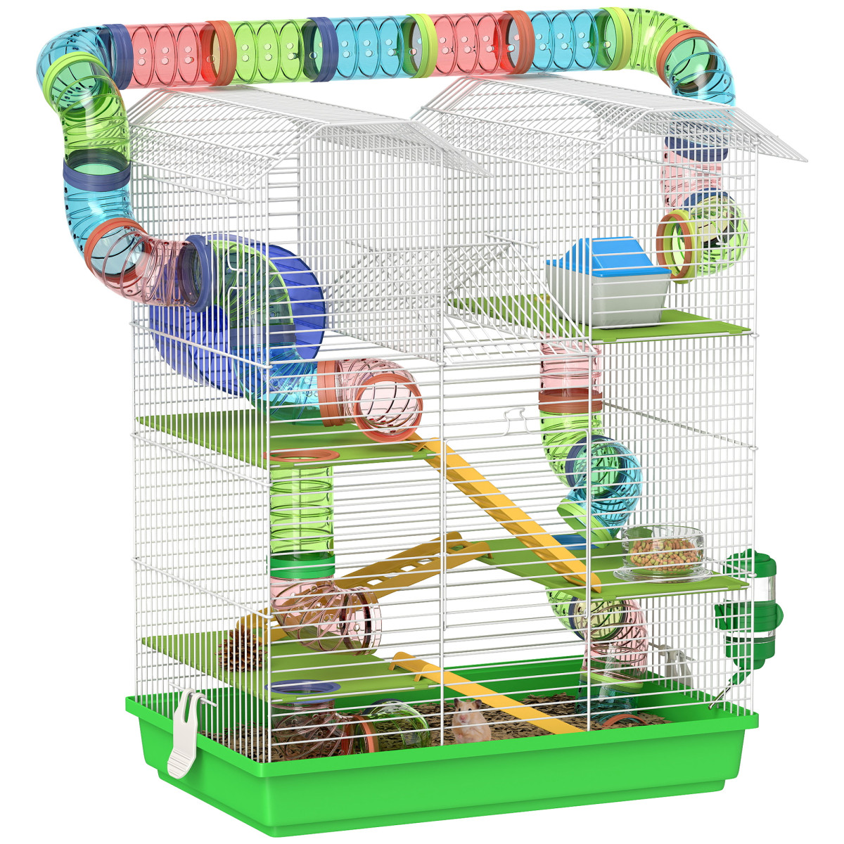 PawHut Hamster Cage 5 Tier Carrier Habitat for Dwarf Mice, Green | Exercise Wheels Tunnel Tube Water Bottle, Dishes, House, Ladder, Gerbil Cage - Image 2