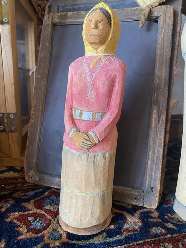 WOW Johnson Antonio 80s Native American Wood Folk Art Carving Navajo Woman 9.75”