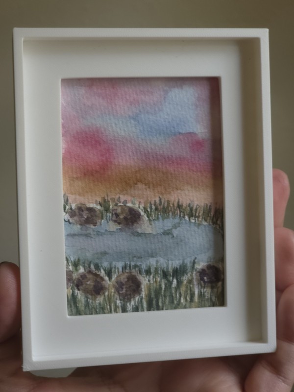 aceo original Painting Landscape Pond Rocks Sunset Sky Impressionism 2.5x3.5" 