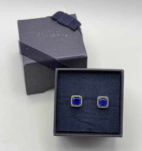 Pandora S925 ALE Blue Crystal Square Stud Earrings Sterling Silver 2.03g