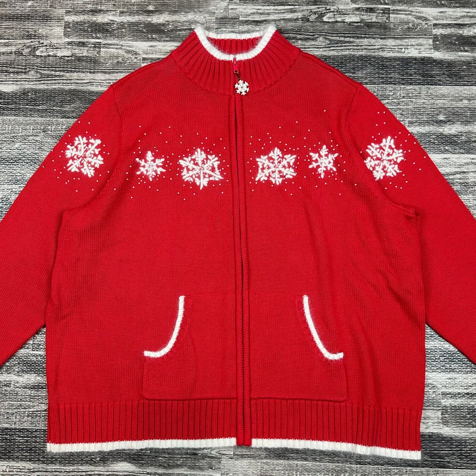 Quaker Factory 2X Red Holiday Full Zip Winter Angora Trim Cardigan Sweater NWT - Image 2 of 4