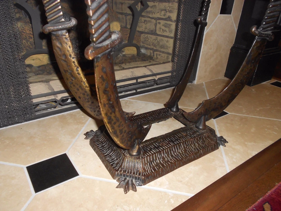 GOTHIC 1920'S FRENCH BENCH SWORD LEGS LARGE PIECE HAMMERED STEEL NEW UPHOLSTERY - Image 2 of 4