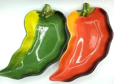 Clay Art Two Red and Green Pepper Shape Dip Appetizers Dishes 
