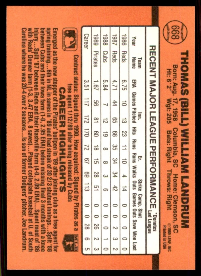 1990 Donruss Bill Landrum Pittsburgh Pirates #668 - Image 2 of 2