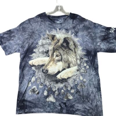 The Mountain Shirt Mens Large Gray Wolf Tie Dye Paw Prints 2002 Short Sleeve XL