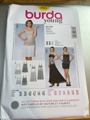 Burda Young Pattern 7055 Ms Flapper Style Dress 3 Lengths w/Skirt Options 10-20