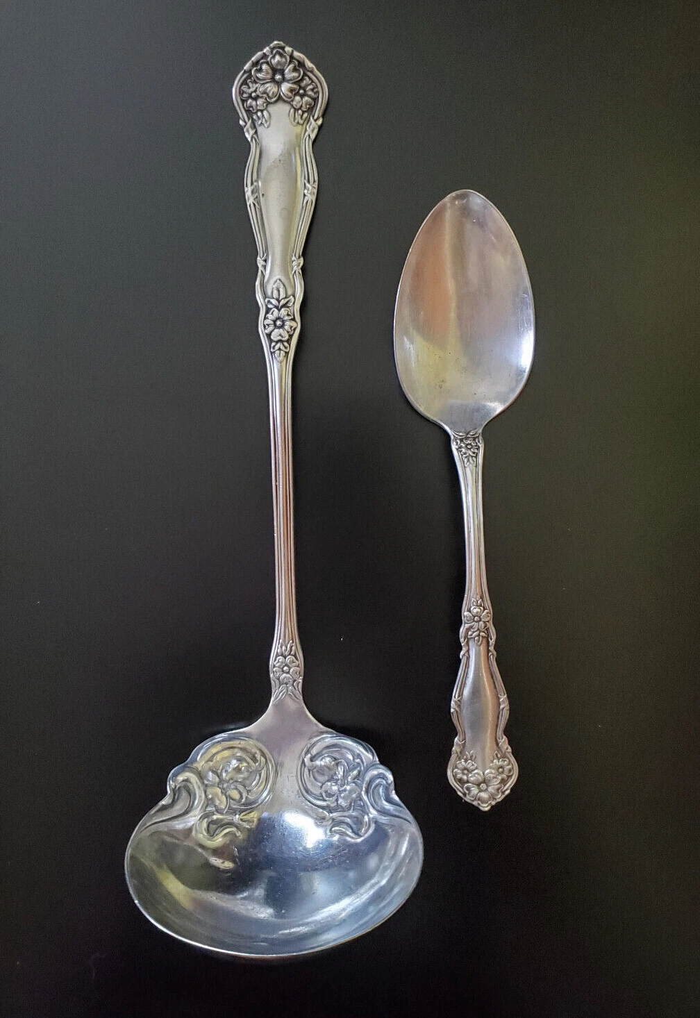 Ladle 11", and Serving Spoon 8 1/2", Wm Rogers & Son, Arbutus, Silverplate, 1908