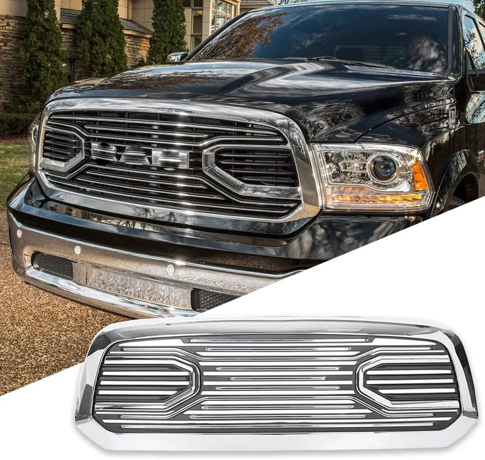 Front Bumper Grille Chrome Grill w/ letters For 2013-2017 2018 Dodge RAM 1500 Foto 4 de 4