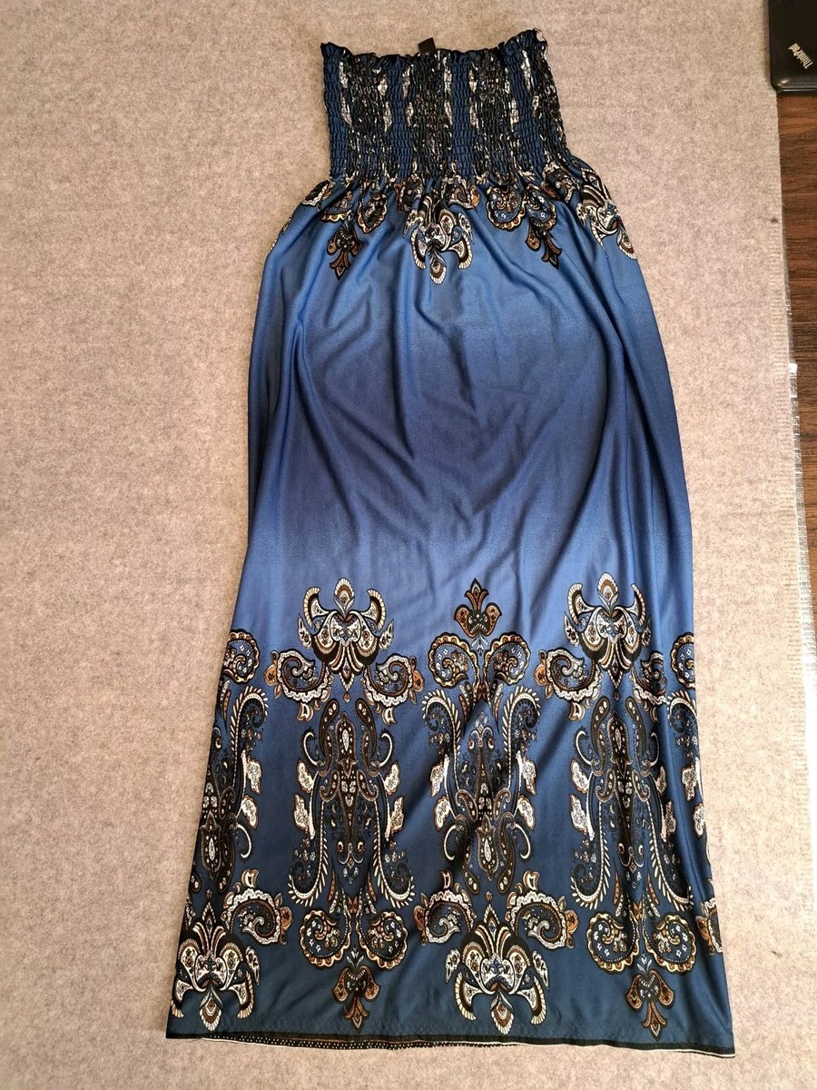 Blue Medium Strapless Maxi Dress Stretchy Paisley Bohemian Blue Medium Strapless Maxi Dress Stretchy Paisley Bohemian