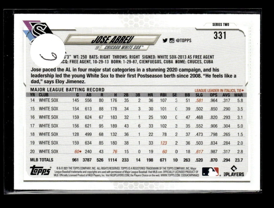 2021 Topps Orange Star Jose Abreu White Sox #331 Print Run of 99 - Image 2 of 2